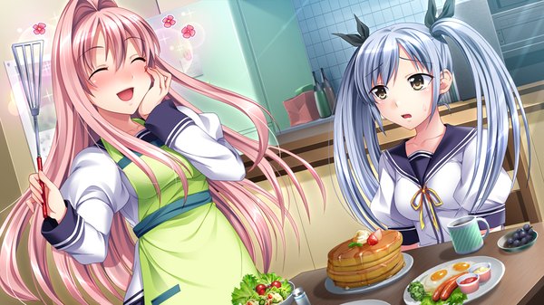 Anime picture 1024x576 with papa love (game) kizaki ayame long hair blush open mouth smile wide image sitting twintails multiple girls yellow eyes pink hair game cg eyes closed grey hair girl uniform 2 girls school uniform food
