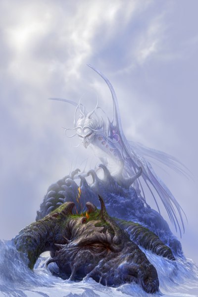 Аниме картинка 1024x1536 с оригинальное изображение ucchiey высокое изображение облако (облака) фэнтези битва плавание заросший животное крылья вода море огонь дракон