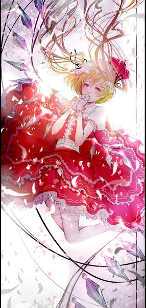 Anime-Bild 1862x3900 mit touhou flandre scarlet kuroe (pixiv5268156) single long hair tall image looking at viewer fringe highres blonde hair hair between eyes red eyes two side up puffy sleeves slit pupils hands clasped girl thighhighs gloves hat