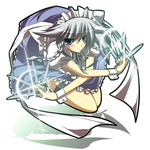 Anime picture 1240x1240 with touhou izayoi sakuya sakurame single blush fringe short hair blue eyes simple background hair between eyes white background silver hair braid (braids) sparkle maid twin braids crossed arms jumping girl ribbon (ribbons)