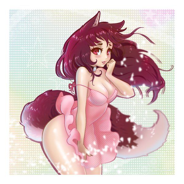 Anime picture 2000x2000 with olga narhova single long hair looking at viewer blush highres breasts light erotic red eyes animal ears red hair tail animal tail lips no bra no panties fox ears fox tail fox girl eyebrows