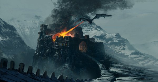 Anime picture 1200x626 with edli (artist) wide image winter smoke snow mountain no people fantasy fire dragon castle