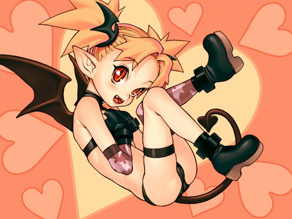 Anime picture 1053x790 with original etna (disgaea) light erotic blonde hair red eyes twintails tail pointy ears teeth fang (fangs) underwear only demon girl bat wings asymmetrical clothes girl thighhighs gloves underwear panties wings