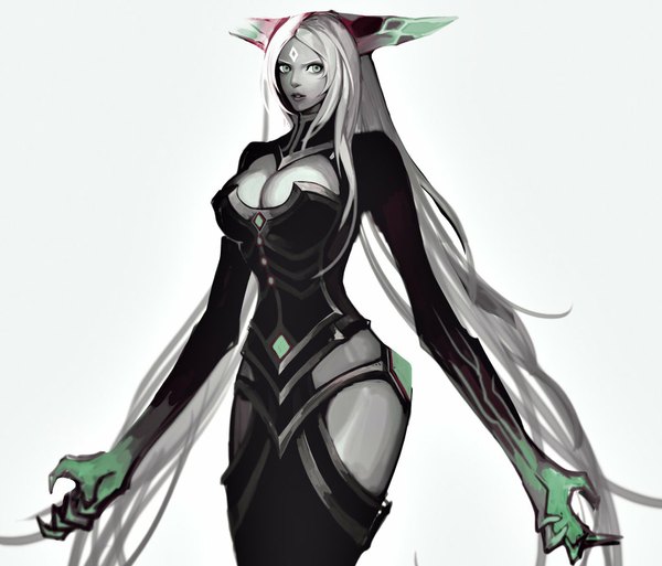 Anime picture 1024x876 with league of legends lissandra (league of legends) tyutii single long hair looking at viewer breasts blue eyes light erotic simple background white background cleavage silver hair very long hair lips alternate costume facial mark cleavage cutout forehead mark alternate color