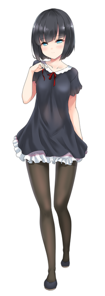 Anime picture 514x1443 with original miyuki rei single tall image looking at viewer blush fringe short hair breasts blue eyes black hair simple background smile standing white background full body short sleeves girl dress ribbon (ribbons)