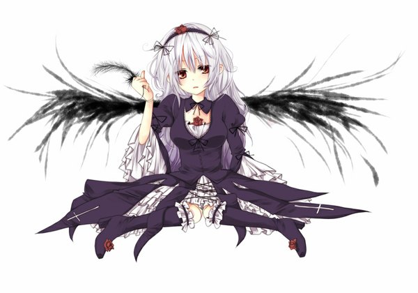 Anime picture 1000x700 with rozen maiden suigintou umi02 single long hair looking at viewer simple background red eyes white background white hair girl dress wings boots hairband