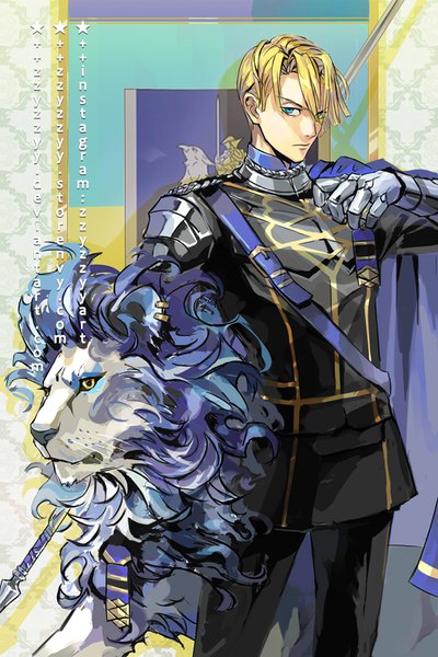 Anime picture 720x1080 with fire emblem fire emblem: three houses nintendo dimitri alexandre blaiddyd zzyzzyy single tall image looking at viewer fringe short hair blue eyes blonde hair hair between eyes standing serious boy animal armor cape gauntlets