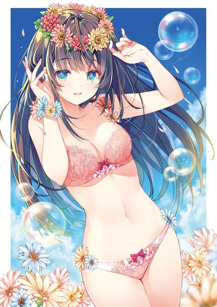 Anime picture 1357x1920 with original miwabe sakura single long hair tall image looking at viewer blush fringe breasts open mouth blue eyes light erotic black hair smile standing payot sky cleavage cloud (clouds) blunt bangs