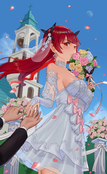 Anime picture 1200x1954 with azur lane honolulu (azur lane) answer long hair tall image blush fringe breasts light erotic red eyes large breasts payot sky cleavage cloud (clouds) outdoors red hair blunt bangs hair flower wind