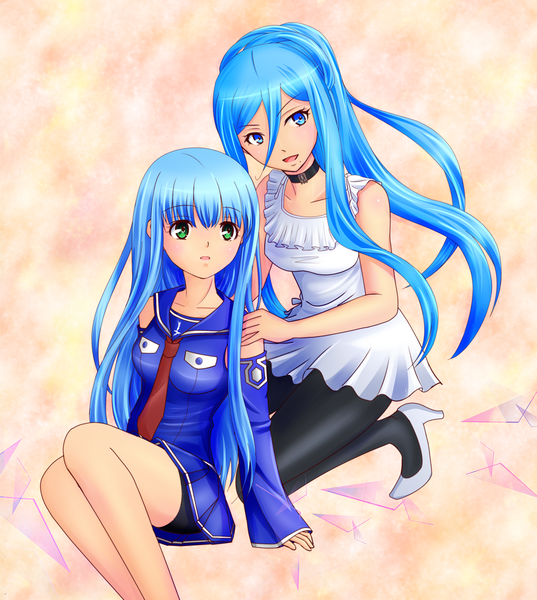 Anime picture 1000x1117 with aoki hagane no arpeggio takao (aoki hagane no arpeggio) iona poifuru hana long hair tall image blush fringe breasts open mouth blue eyes simple background hair between eyes sitting multiple girls green eyes blue hair looking away bent knee (knees) ponytail