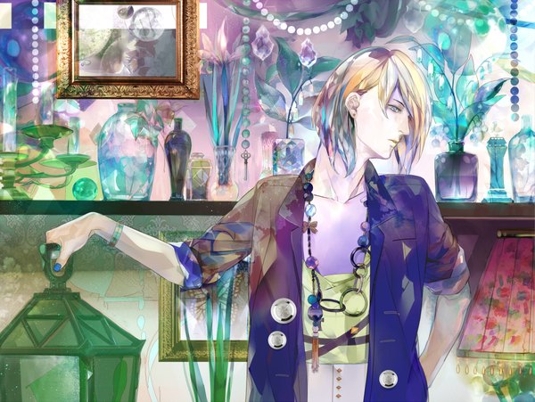 Anime picture 2000x1505 with original saiga tokihito single highres short hair blue eyes blonde hair purple hair nail polish multicolored hair twisty sleeves boy flower (flowers) plant (plants) earrings bracelet insect butterfly bottle beads