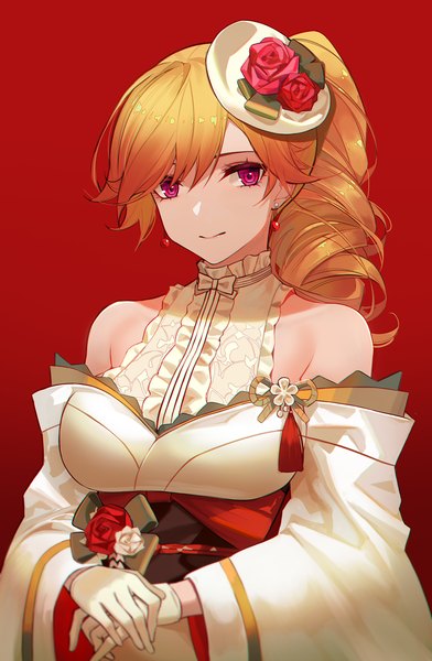 Anime picture 1176x1800 with azur lane richelieu (azur lane) richelieu (evergreen prophecy) (azur lane) eternity (shadeh) single long hair tall image looking at viewer fringe breasts simple background hair between eyes red eyes bare shoulders upper body traditional clothes japanese clothes orange hair off shoulder wide sleeves