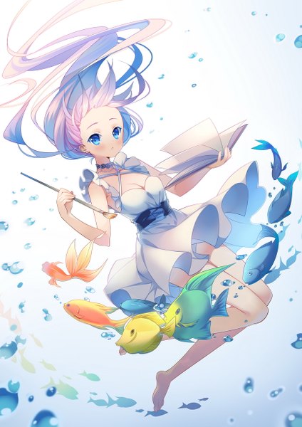 Anime picture 868x1228 with original pixiv-tan rie (reverie) single long hair tall image looking at viewer blush blue eyes silver hair girl dress sundress bubble (bubbles) fish (fishes)