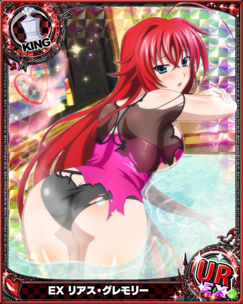 Anime picture 640x800 with highschool dxd rias gremory single tall image blush open mouth blue eyes light erotic looking away ass red hair very long hair torn clothes card (medium) girl dress underwear panties black panties