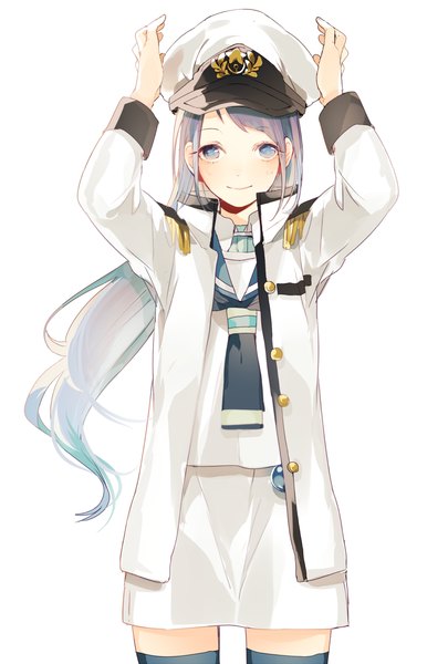 Anime picture 1101x1631 with kantai collection samidare destroyer nana (prin dog) single long hair tall image looking at viewer blush blue eyes simple background white background blue hair purple hair multicolored hair light smile gradient hair girl thighhighs skirt uniform