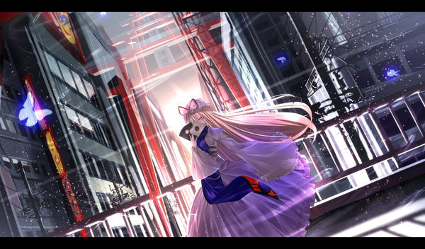 Anime picture 1200x704 with touhou yakumo yukari ryosios single long hair looking at viewer blonde hair red eyes wide image letterboxed girl dress insect building (buildings) butterfly fan
