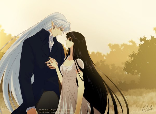 Anime picture 1537x1133 with inuyasha sesshomaru kikyou cati-art (artist) long hair fringe brown hair standing yellow eyes silver hair very long hair profile pointy ears grey hair grey eyes couple facial mark holding hands face to face face paint