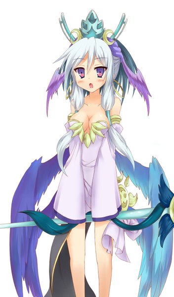 Anime picture 1000x1700 with puzzle & dragons tagme (character) kurokage single tall image looking at viewer blush short hair breasts open mouth light erotic purple eyes bare shoulders payot cleavage silver hair :o crescent girl wings