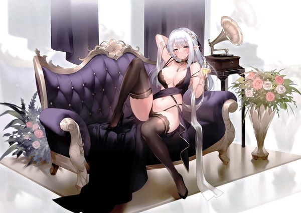 Anime picture 8495x6008 with original touwa nikuman single long hair looking at viewer blush fringe highres breasts open mouth light erotic large breasts sitting purple eyes holding absurdres silver hair full body bent knee (knees) indoors