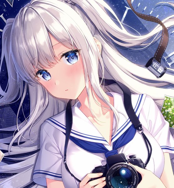 Anime picture 1139x1231 with original masuishi kinoto single long hair tall image looking at viewer blush fringe breasts blue eyes holding payot silver hair upper body lying braid (braids) parted lips fingernails short sleeves on back