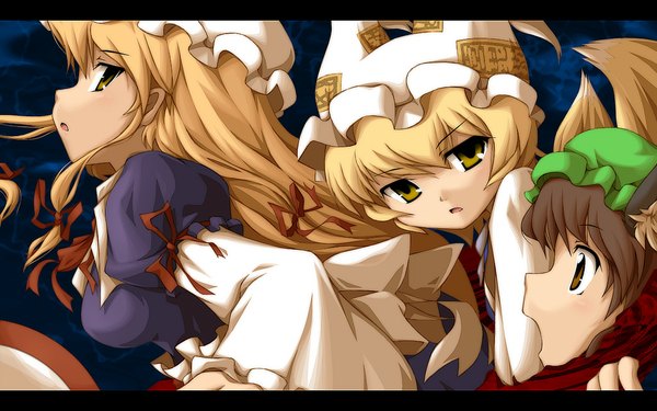 Anime picture 1024x640 with touhou yakumo yukari yakumo ran chen fukaiton long hair blonde hair wide image animal ears tsurime girl hat