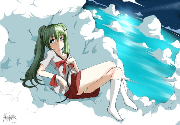 Anime picture 2300x1600 with vocaloid hatsune miku hews single highres open mouth blue eyes light erotic twintails signed cloud (clouds) lying green hair pantyshot night sky pantyshot sitting milky way girl skirt underwear