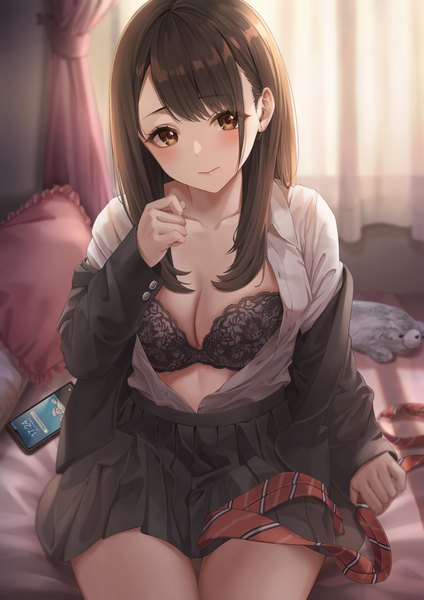 Anime picture 3541x5016 with original fujizarashi single long hair tall image looking at viewer blush fringe highres breasts light erotic brown hair large breasts sitting brown eyes absurdres indoors long sleeves head tilt pleated skirt