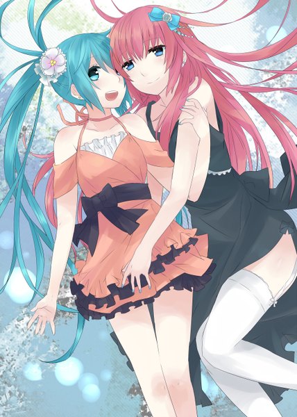 Anime picture 1000x1400 with vocaloid hatsune miku megurine luka mizuki (koko lost) long hair tall image blush open mouth blue eyes twintails multiple girls blue hair pink hair girl thighhighs dress hair ornament bow 2 girls white thighhighs