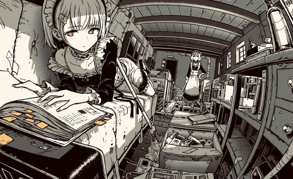 Anime picture 3146x1920 with original omao highres short hair wide image standing multiple girls holding yellow eyes indoors lying long sleeves nail polish maid monochrome freckles reading spot color fisheye yellow nail polish