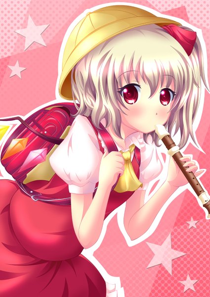 Anime picture 1026x1450 with touhou flandre scarlet neats (artist) single tall image blush short hair blonde hair red eyes girl hat wings star (symbol) musical instrument crystal backpack randoseru flute