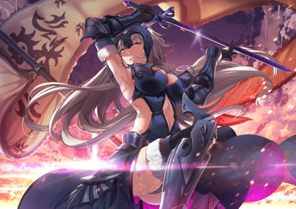 Anime picture 1600x1135 with fate (series) fate/grand order jeanne d'arc (fate) (all) jeanne d'arc alter (fate) jeanne d'arc alter (avenger) (third ascension) (fate) hasaya single long hair breasts open mouth light erotic large breasts yellow eyes sky cleavage silver hair cloud (clouds) very long hair armpit (armpits) pantyshot