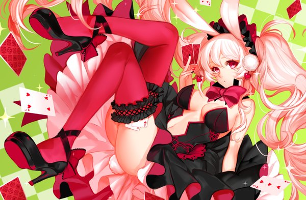 Anime picture 1946x1276 with original ut (apt) single looking at viewer fringe highres breasts light erotic bare shoulders holding animal ears pink hair cleavage bent knee (knees) tail very long hair nail polish animal tail fingernails :o