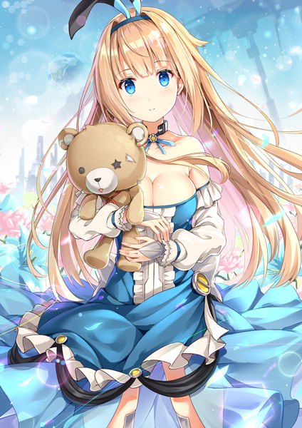 Anime picture 867x1227 with kakeyuku toshi no kikai moon doll rin yuu single long hair tall image looking at viewer blush fringe breasts blue eyes light erotic blonde hair smile large breasts holding animal ears cleavage blunt bangs long sleeves parted lips