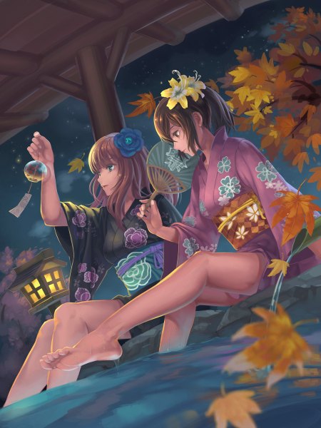 Anime picture 900x1200 with shin sekai yori a-1 pictures watanabe saki akizuki maria catwyz tall image fringe breasts brown hair sitting multiple girls green eyes sky ponytail traditional clothes japanese clothes barefoot hair flower night bare legs