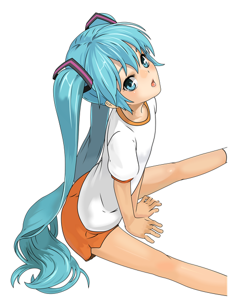 Anime picture 4167x5556 with vocaloid hatsune miku kuroko (piii) defangus single long hair tall image looking at viewer fringe highres open mouth sitting twintails absurdres aqua eyes from above aqua hair flat chest looking up transparent background