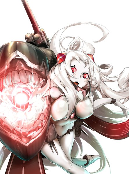 Anime picture 1020x1376 with kantai collection airfield hime pekoneko single long hair tall image looking at viewer breasts open mouth light erotic simple background red eyes large breasts white background nipples white hair teeth pale skin shinkaisei-kan girl