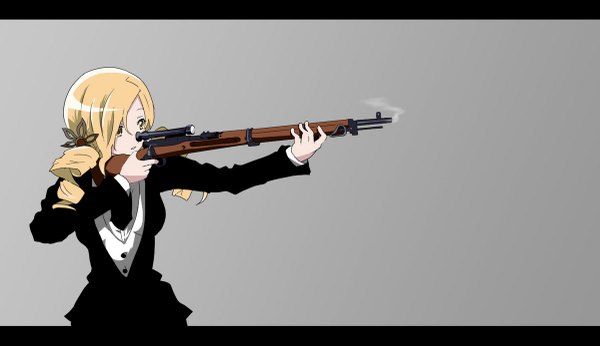 Anime picture 1200x693 with mahou shoujo madoka magica shaft (studio) tomoe mami okuba single long hair simple background blonde hair wide image yellow eyes grey background drill hair letterboxed wavy hair curly hair mafia girl uniform weapon gun