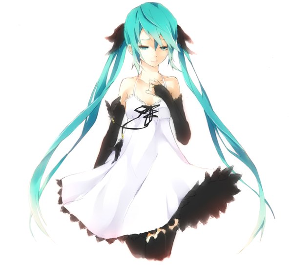 Anime picture 2000x1813 with vocaloid hatsune miku pyon0x0 single long hair highres simple background white background twintails bare shoulders aqua eyes aqua hair lacing girl thighhighs black thighhighs sundress bridal gauntlets