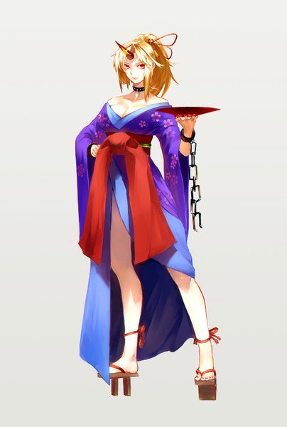 Anime picture 1078x1600 with touhou hoshiguma yuugi hoshiguma yuugi (promo) terada yuki single long hair tall image light erotic blonde hair simple background red eyes standing bare shoulders cleavage full body ponytail nail polish off shoulder grey background alternate costume