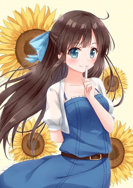 Anime picture 702x991 with original hoshino kagari single long hair tall image looking at viewer blush blue eyes brown hair signed ahoge wind twitter username finger to mouth half updo arm behind back girl dress flower (flowers) belt