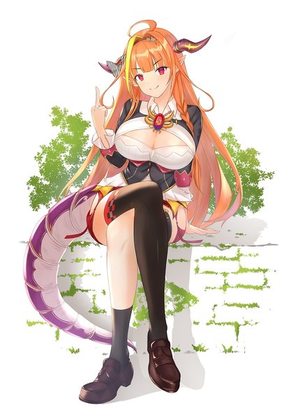 Anime picture 724x1024 with virtual youtuber hololive kiryuu coco kageno 96 single long hair tall image breasts light erotic smile red eyes large breasts sitting cleavage full body ahoge tail braid (braids) multicolored hair horn (horns)