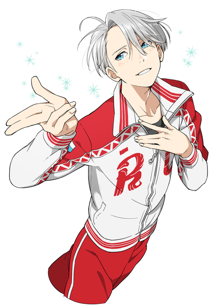 Anime picture 1323x1890 with yuri!!! on ice mappa viktor nikiforov natsuko (bluecandy) single tall image fringe short hair blue eyes simple background white background looking away silver hair parted lips fingernails from above hair over one eye hand on chest boy uniform