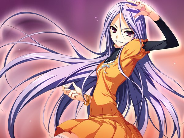 Anime picture 2560x1920 with akatsuki no goei mai (akatsuki no goei) tomose shunsaku single long hair looking at viewer highres smile purple eyes game cg purple hair girl dress