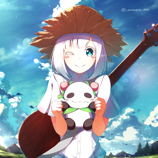 Anime picture 3000x3000 with original c.c.r single looking at viewer blush highres short hair smile signed sky silver hair cloud (clouds) upper body one eye closed aqua eyes wink girl hat toy stuffed animal