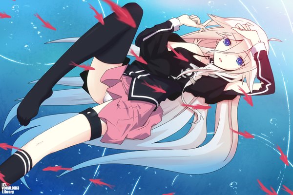 Anime picture 1800x1200 with vocaloid ia (vocaloid) uiu single long hair looking at viewer highres open mouth blue eyes light erotic bare shoulders pink hair girl thighhighs skirt underwear panties black thighhighs water socks
