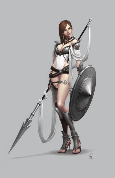 Anime picture 1000x1539 with dimelife single long hair tall image light erotic brown hair holding green eyes cleavage bent knee (knees) lips grey background shadow high heels girl weapon earrings belt armor sandals