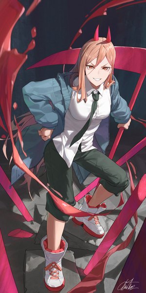Anime picture 3000x6000 with chainsaw man mappa power (chainsaw man) chanism! single long hair tall image looking at viewer highres smile standing full body horn (horns) from above orange hair orange eyes hand on hip grin girl weapon