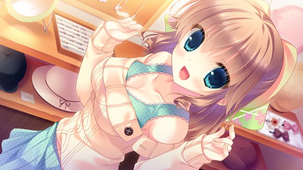 Anime picture 2048x1152 with kimi e okuru, sora no hana nishizono kanna yukie (peach candy) blush highres short hair open mouth blue eyes brown hair wide image game cg girl dress