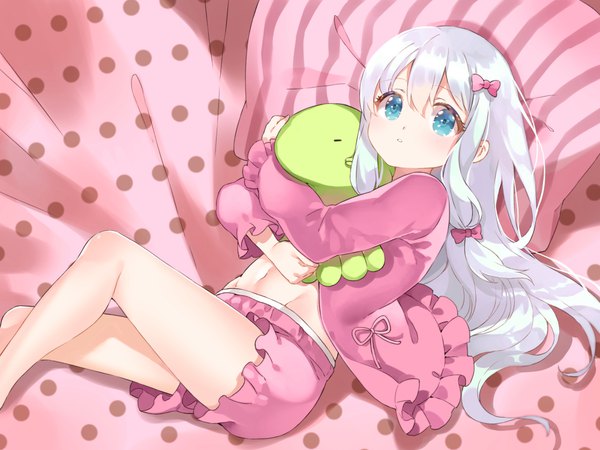 Anime picture 1000x750 with eromanga sensei a-1 pictures izumi sagiri shiosoda single long hair looking at viewer fringe hair between eyes silver hair lying aqua eyes groin polka dot girl navel bow hair bow toy stuffed animal