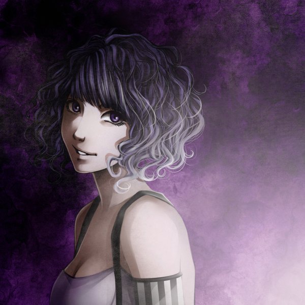 Anime picture 2047x2046 with original shilesque looking at viewer highres short hair smile purple eyes bare shoulders grey hair teeth wavy hair girl